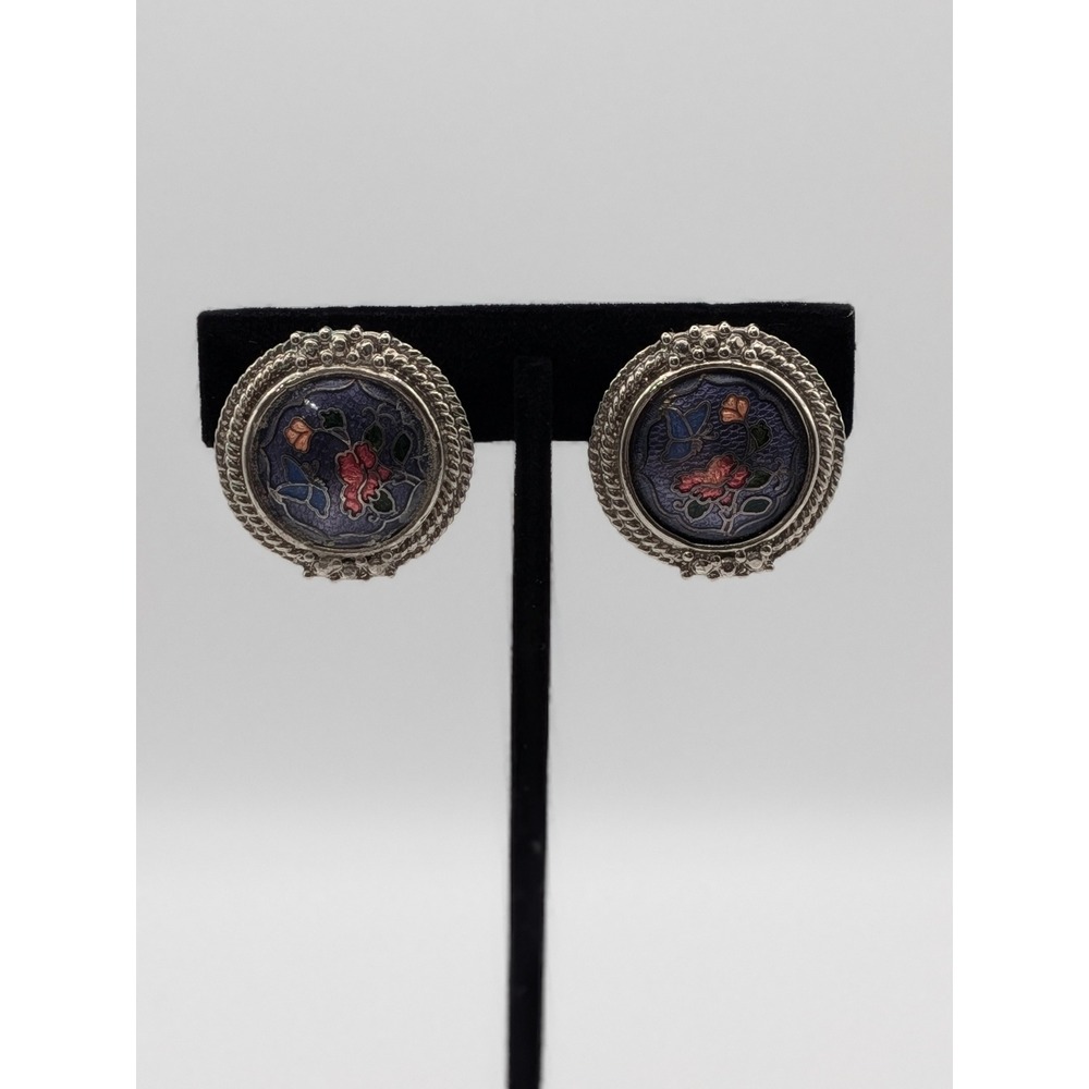 Vintage Floral Butterfly Clip On Earrings Purple Enamel Silver Tone Round 1 Inch